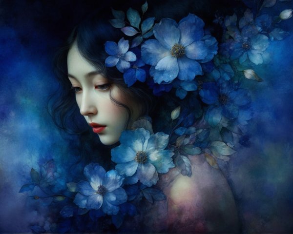 Portrait of a young woman with blue flowers backdrop