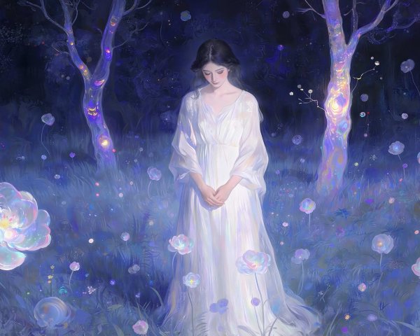 Moonlit Field with Iridescent Flowers and Trees