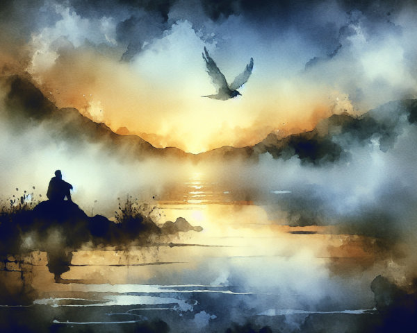 Serene Sunset Landscape with Figure by Tranquil Water