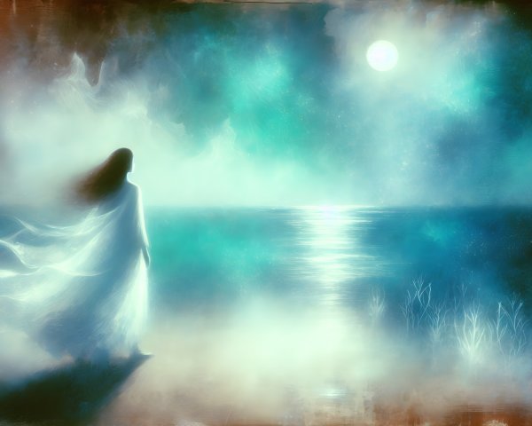 Ethereal Scene of a Figure by Moonlit Sea