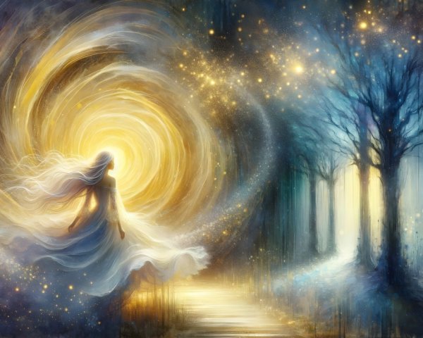 Mystical Figure on Shimmering Path Amidst Light and Dark