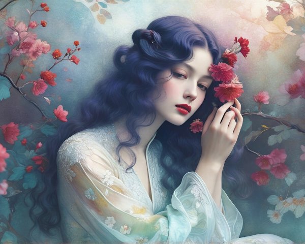 Portrait of a Young Woman with Blue Hair and Flowers