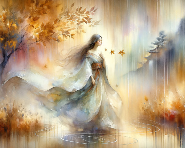 Watercolor Scene of Woman in Autumn Landscape