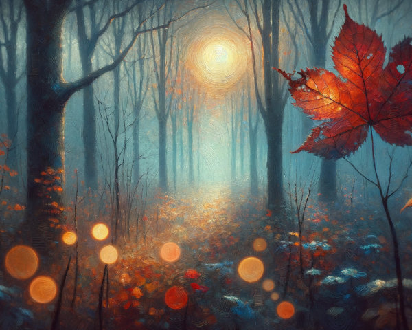 Misty Forest with Autumn Leaves and Glowing Sun