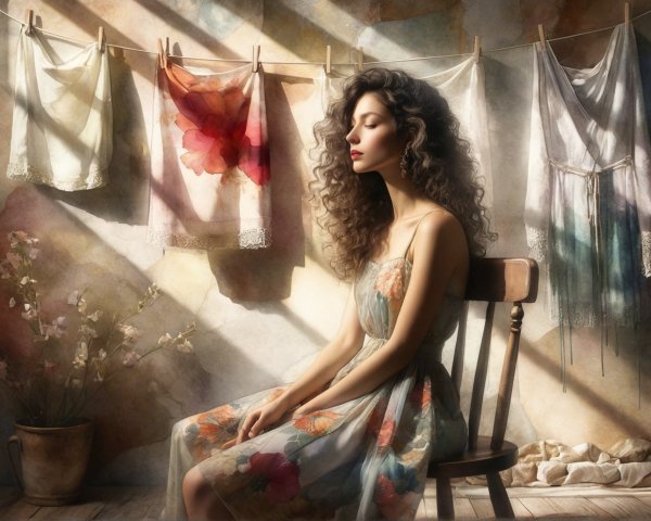 Young woman in floral dress seated in sunlit room