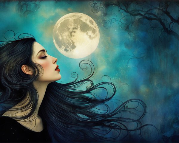Serene Woman Under Luminous Full Moon Artwork
