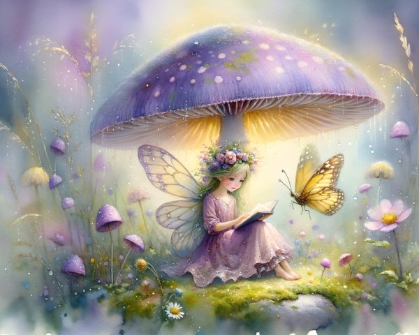 Fairy Reading Under Purple Mushroom in Pastel Colors