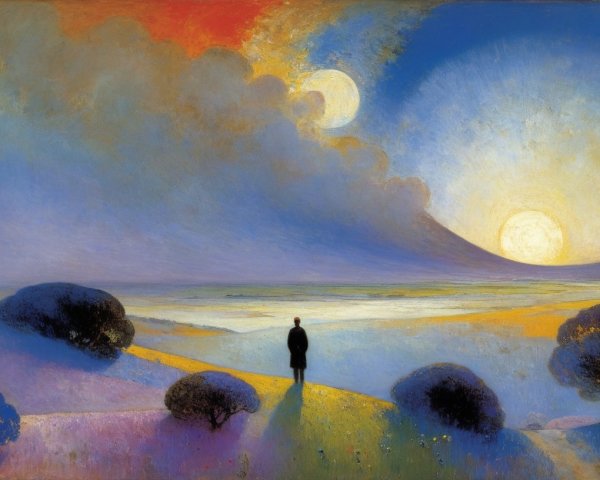 Serene Landscape with Celestial Bodies and Tranquil Water