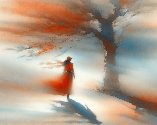 Figure in Red Cloak in Blurred Ethereal Landscape