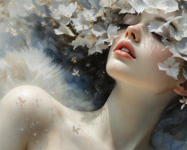 Ethereal Portrait of a Woman with White Flowers