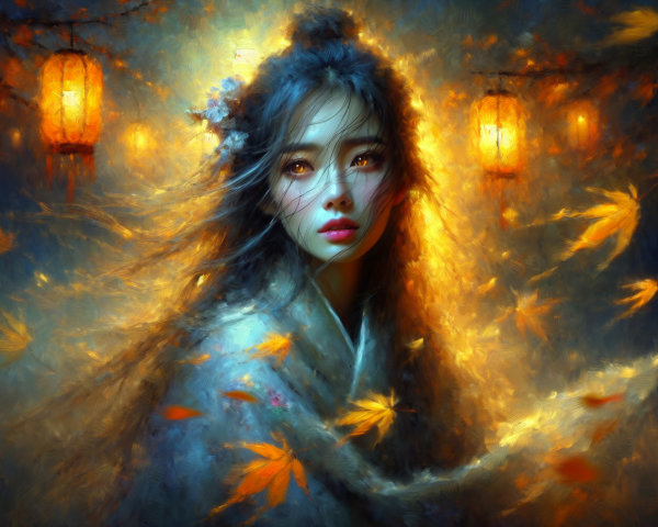 Mystical Scene of Woman Surrounded by Autumn Leaves