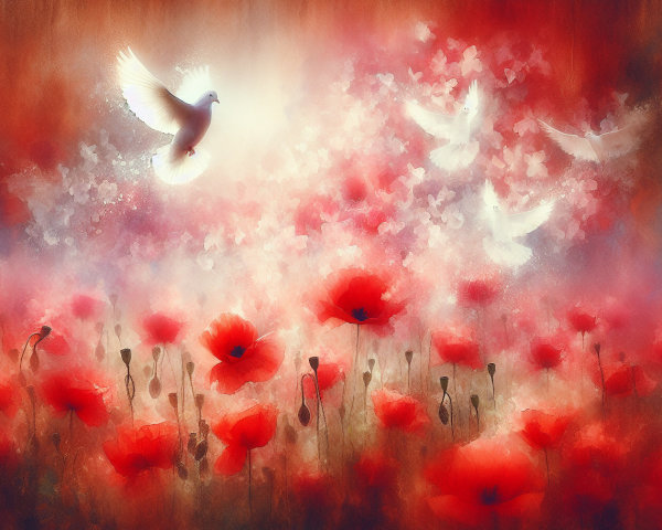 Vibrant Poppies and Doves in a Serene Landscape