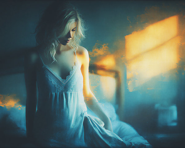 Serene Woman in Soft Light on Bed with Dreamy Atmosphere