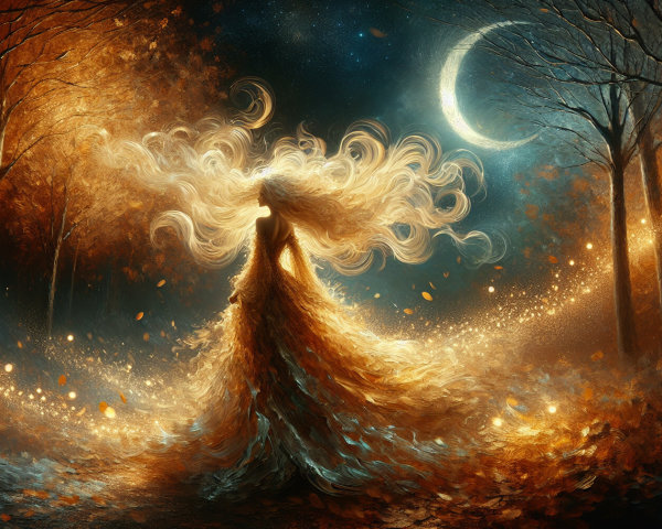 Ethereal figure in a mystical forest with golden gown