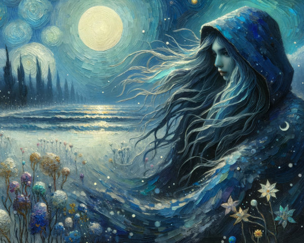 Mystical figure by a tranquil shore under a starry sky
