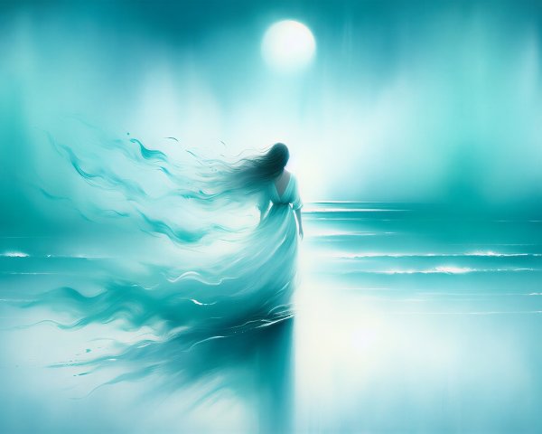 Serene figure by ethereal ocean under luminous moon