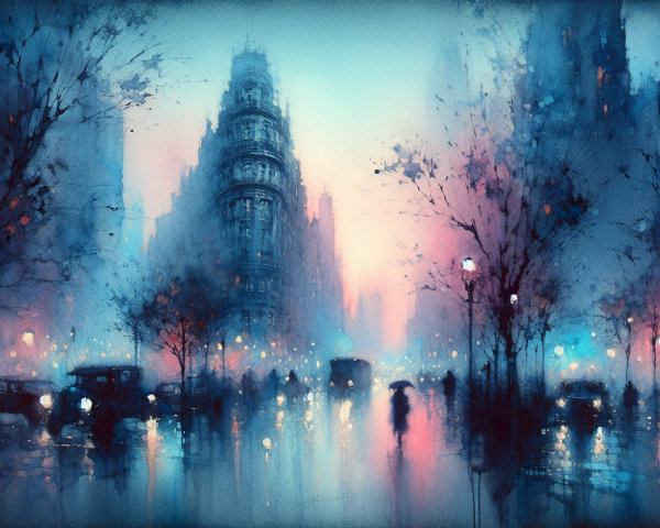 Misty Cityscape at Dusk with Architectural Features