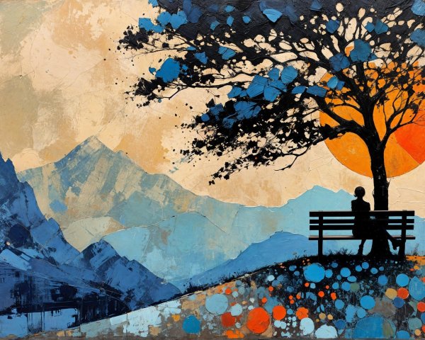 Serene sunset landscape with couple under a tree