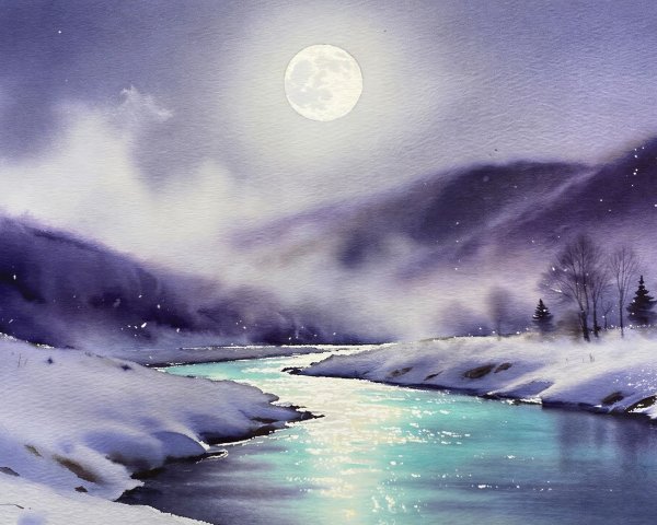 Winter Mountain Landscape with Moonlit River Scene