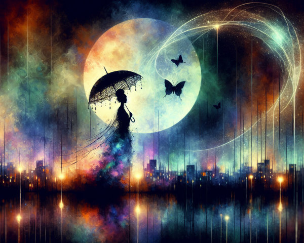 Silhouette with Umbrella Against Colorful Moonlit Scene