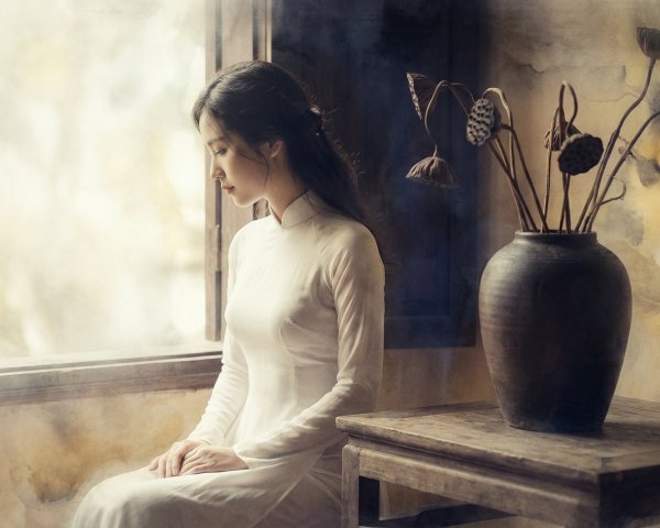 Young Woman in Ao Dai by Window with Lotus Pods