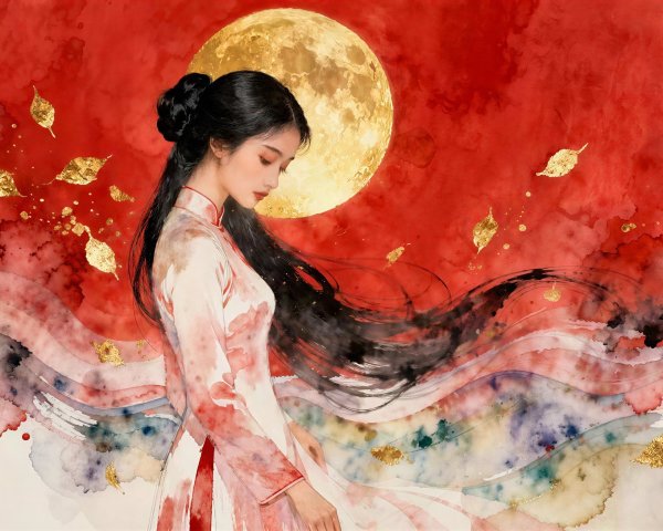 Watercolor Painting of Young Woman in Traditional Attire