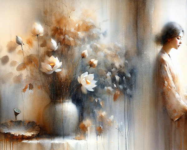 Young Woman by Window with White Flowers in Light