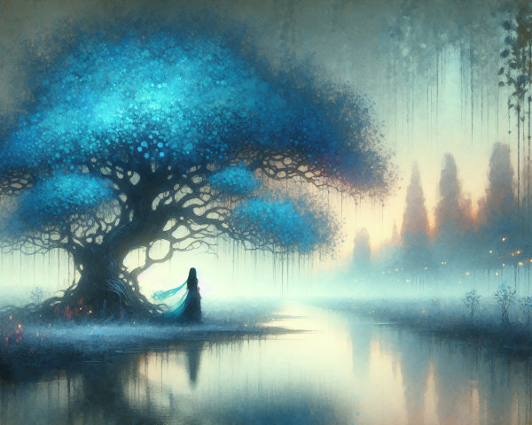 Majestic tree with blue leaves by a serene lake