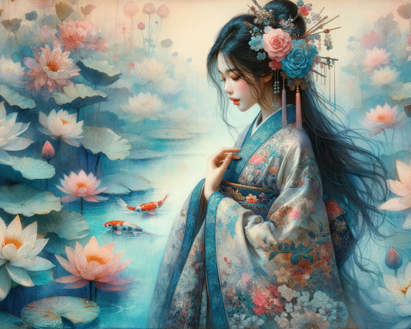 Graceful Woman by Tranquil Pond with Lotus Flowers