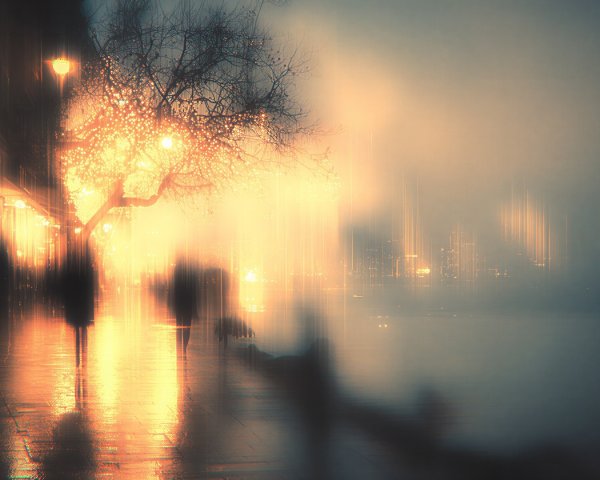 Moody Nighttime Waterfront Scene with Soft Lights