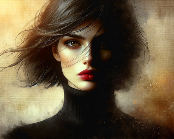 Portrait of a Woman with Dark Hair and Green Eyes