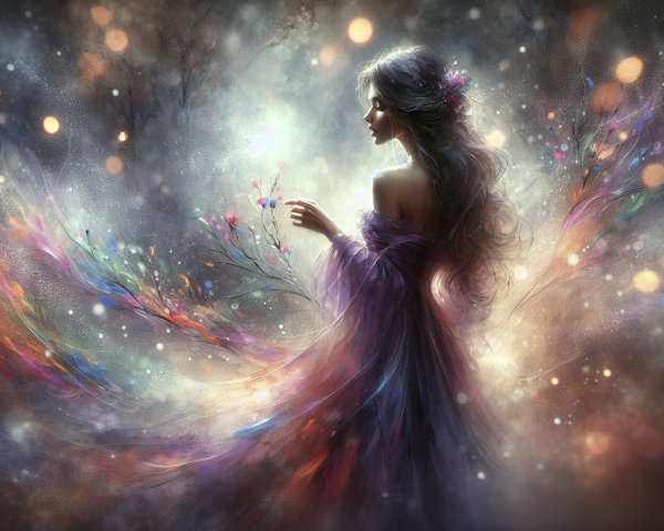 Ethereal Figure in Colorful Gown with Dreamlike Background