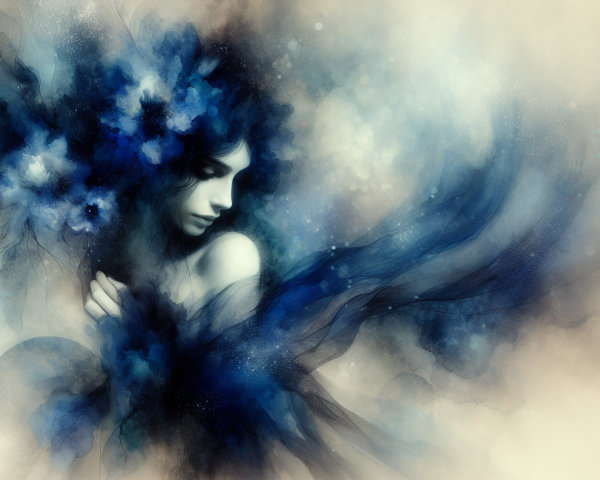 Serene Figure in Flowing Fabrics and Blue Flowers