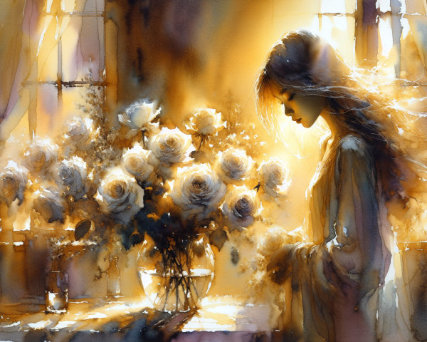 Dreamy Watercolor Scene with Woman and White Roses