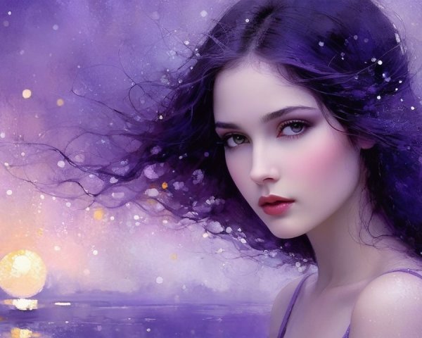 Portrait of a young woman with dark hair and purple background