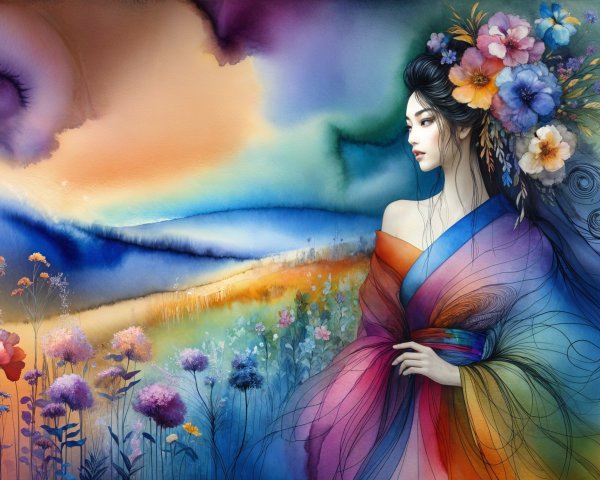 Serene Female Figure in Vibrant Kimono and Floral Crown