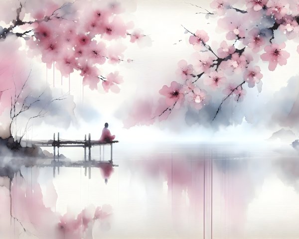 Serene Lake with Cherry Blossoms and Tranquil Atmosphere
