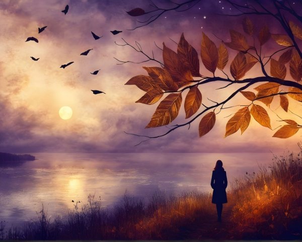 Silhouetted Figure by Tranquil River at Dusk