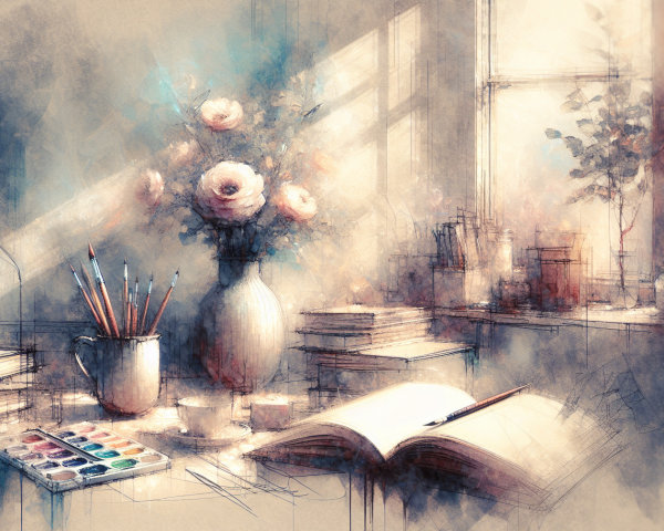 Digital Watercolor of an Artist's Desk in Sunlit Room