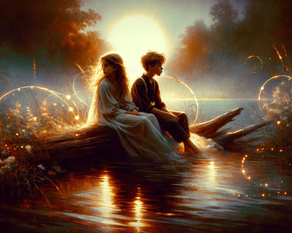 Children by a tranquil river at sunset with bubbles