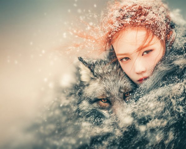 Young girl in fur cloak with wolf in snowy landscape