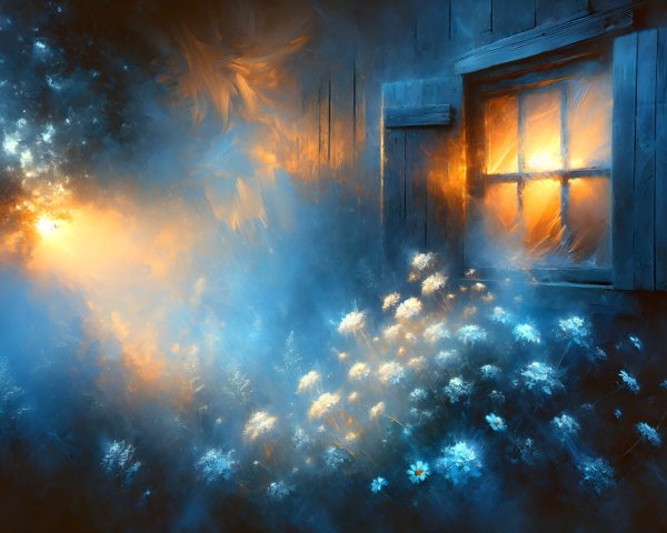 Twilight Scene with Rustic Window and Wildflowers