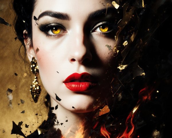 Portrait of a woman with yellow eyes and red lips
