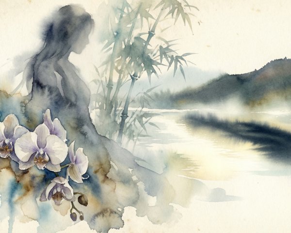 Watercolor Painting of Woman, Bamboo, and Orchids