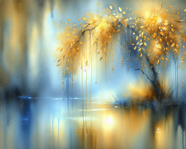 Watercolor Landscape with Golden Tree and Calm Water