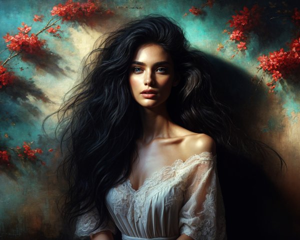 Portrait of a Woman in Lace Gown with Floral Background