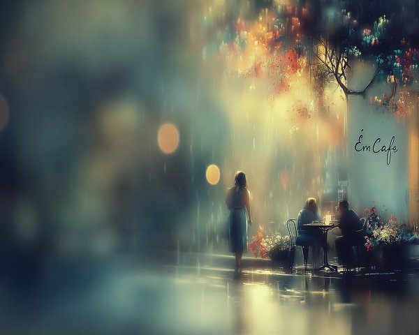 Serene café scene with golden light and raindrops