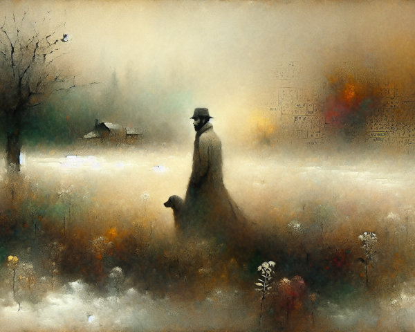 Man in Trench Coat and Dog in Flower Field Painting
