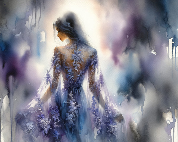 Watercolor Painting of a Woman in Floral Gown