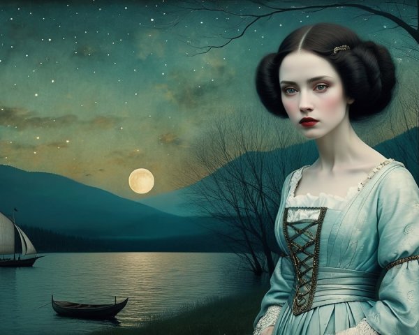 Young Woman in Blue Gown by Serene Lakeside at Night